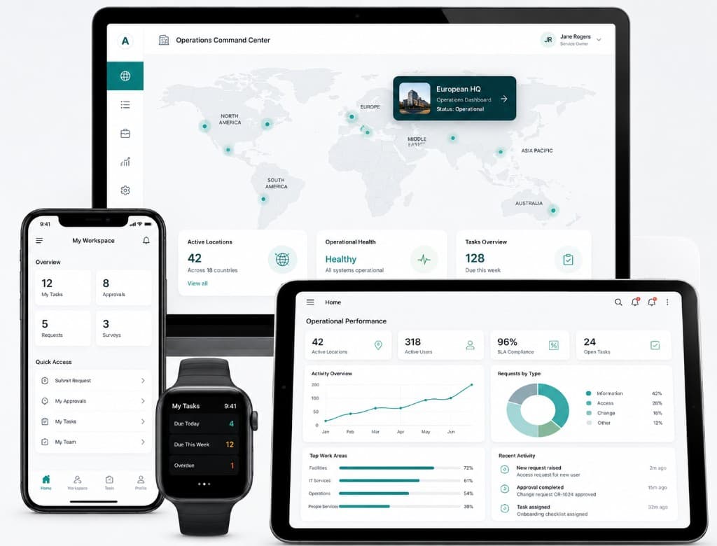 Custom App Engine application dashboards on laptop, tablet, smartphone, and smartwatch showing operations command center, performance metrics, and tasks.