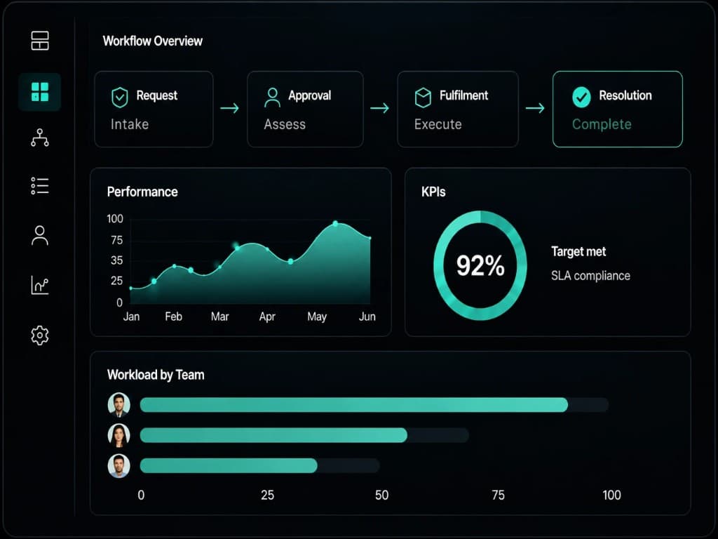 Operational dashboard showing workflow progression, performance trends, SLA compliance, and team workload.